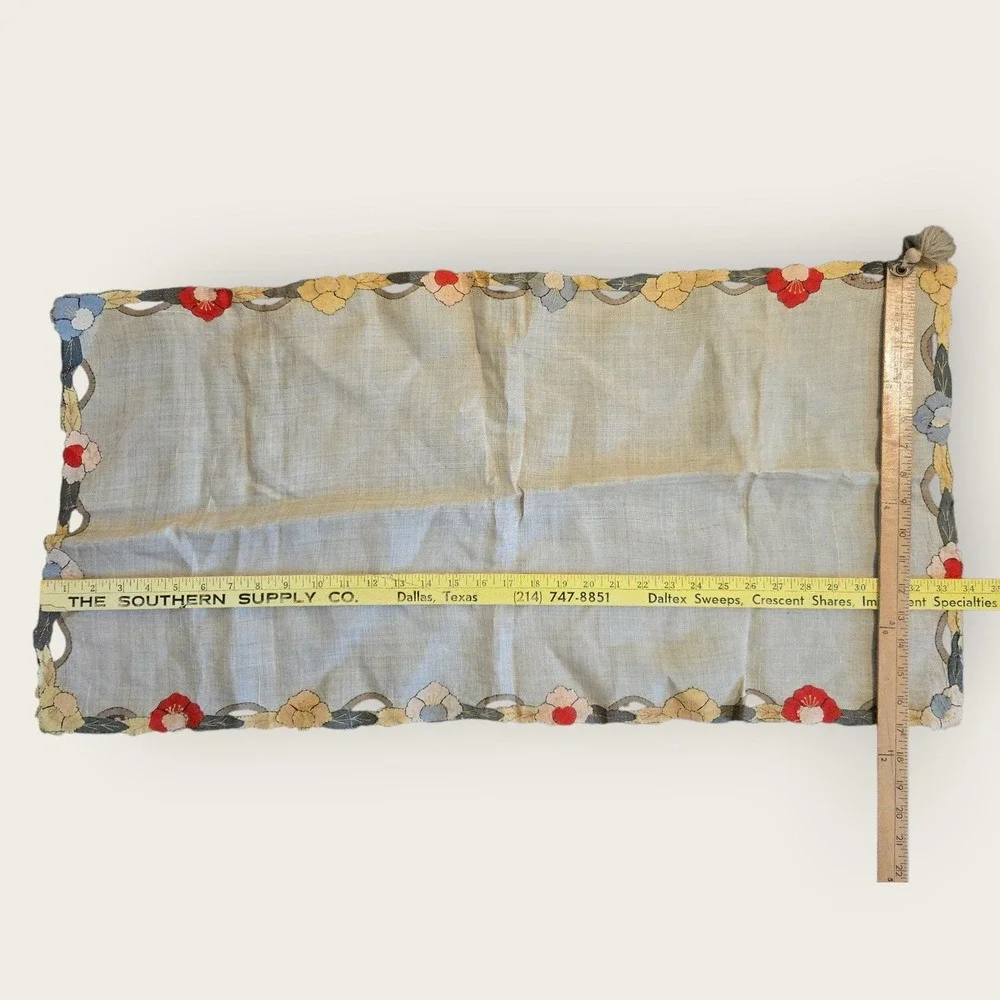 ANTIQUE Floral Linen Table Runner VTG Handmade Table 20th 34x17‎ Cream Applique